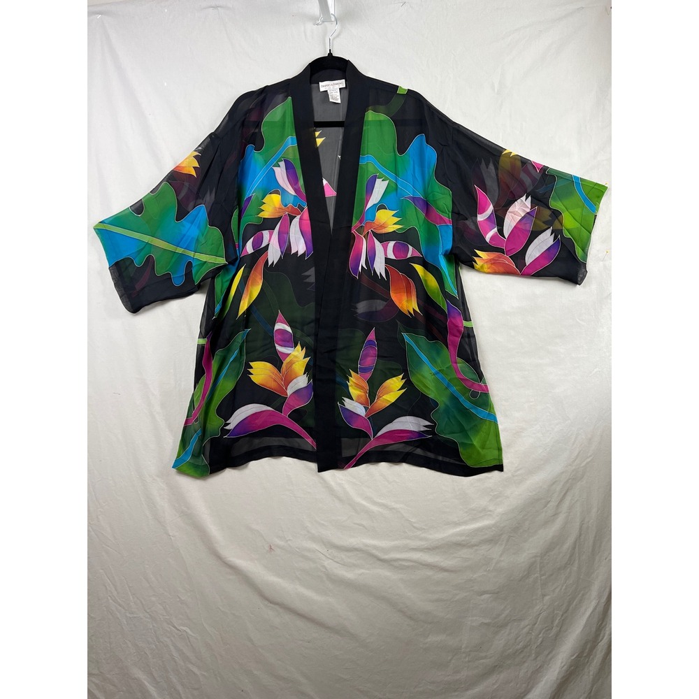 Draper's & Damon's Kimono Cardigan Women One Size Black Silk Floral Tropical